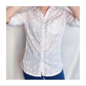 White Floral Patterned Button Down Blouse